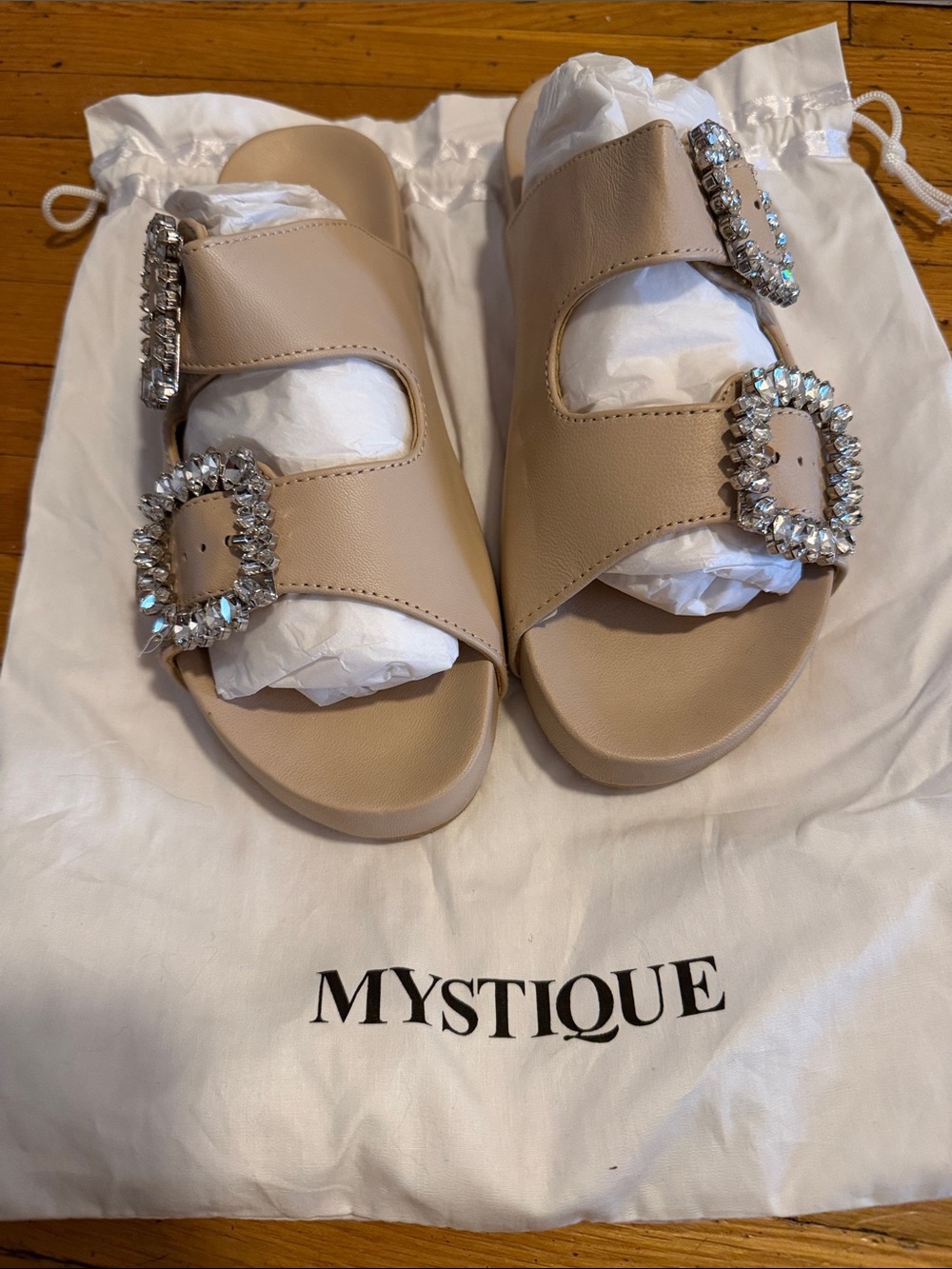 Mystique Boutique Beige Crystal Buckle Slide Sandals